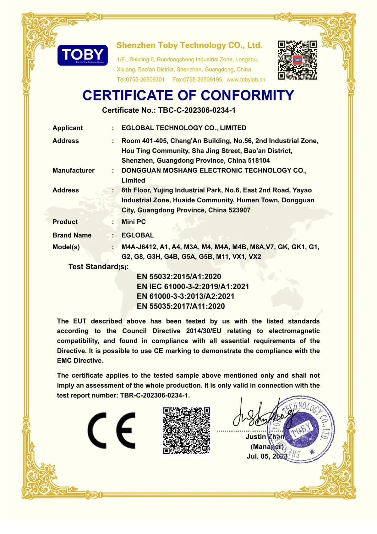 Mini PC CE EMC certificate TBC-C-202306-0234-1