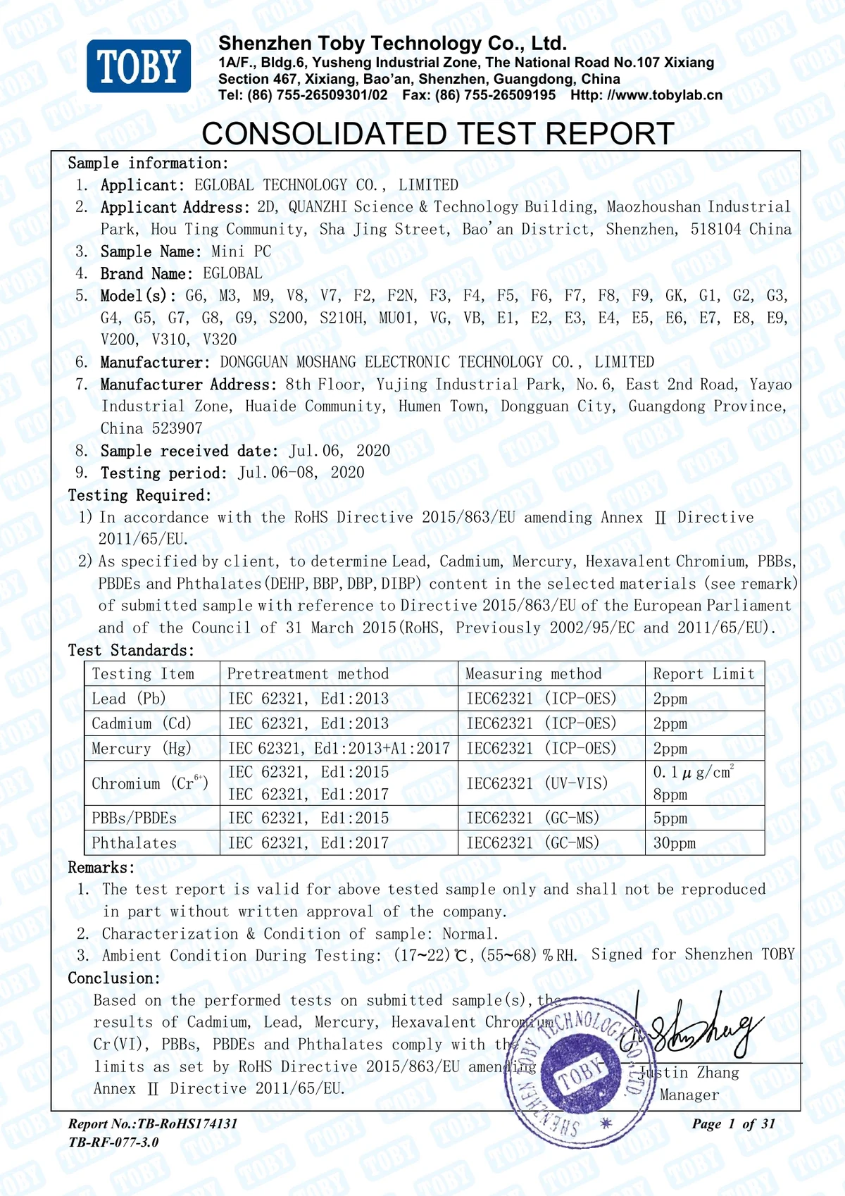 Mini PC RoHS test report TB-RoHS174131